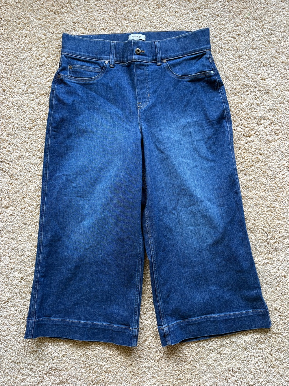 Spanx Cropped Wide Leg Jeans 1X Petite Dark Wash Pull On 23.5” Inseam